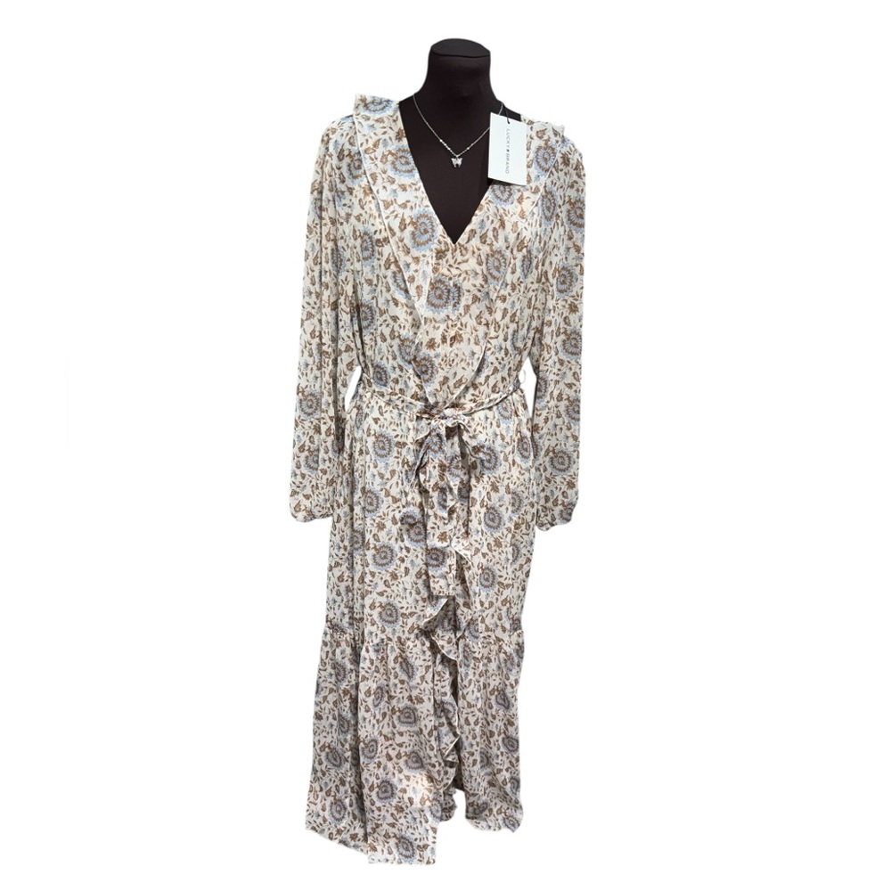 Lucky Brand Floral Boho Maxi Dress Women’s Sz L Long Sleeve Ruffle Belted NWT